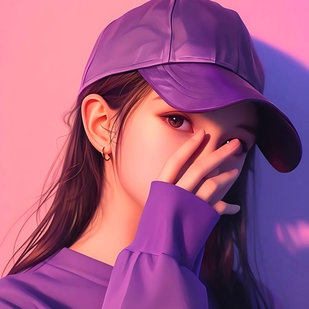 Stylish cartoon girl in purple cap hiding her face – aesthetic WhatsApp DP image.