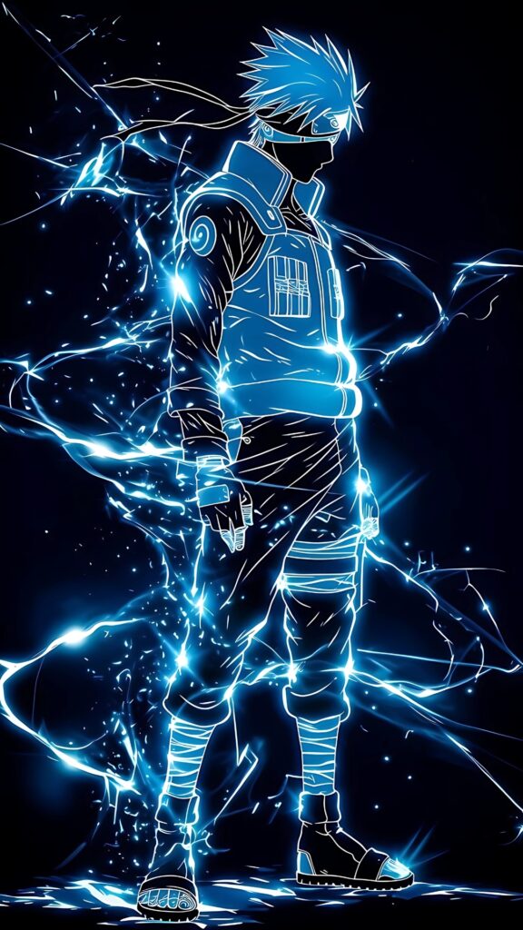 Digital neon-style artwork of Kakashi Hatake surrounded by glowing blue lightning chakra in a dramatic stance from the Naruto anime series.