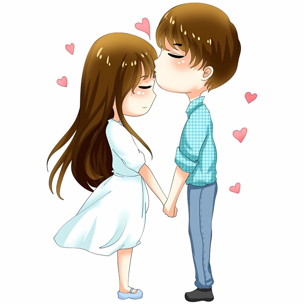 Adorable animated couple holding hands and sharing a forehead kiss with hearts around — a cute couple DP expressing love, romance, and couple goals for WhatsApp in 2025