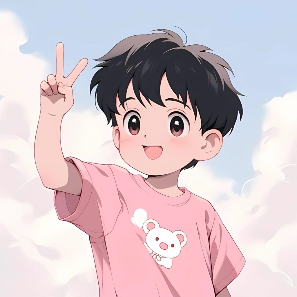 Cute cartoon boy showing peace sign in pink t-shirt – perfect WhatsApp DP photo