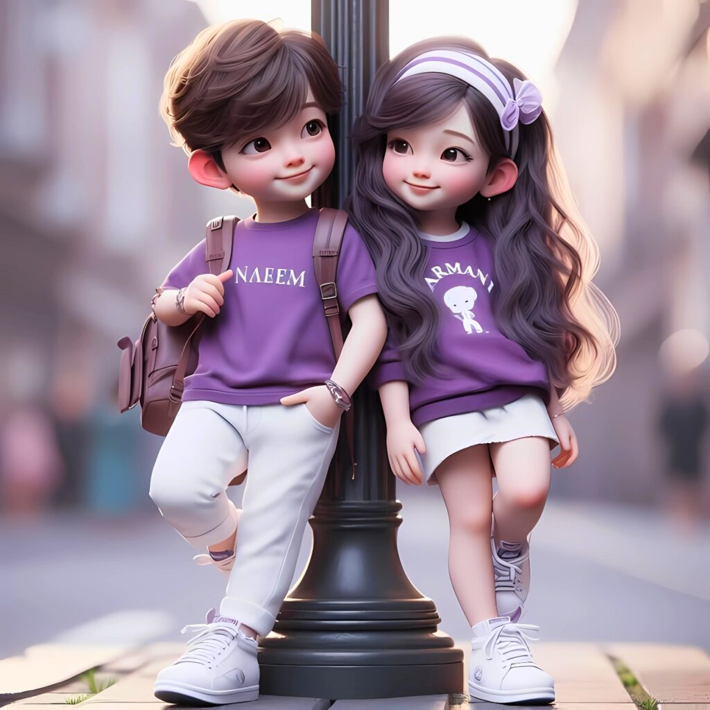 Adorable cartoon couple in matching purple outfits leaning on a street lamp – cute WhatsApp DP for couples