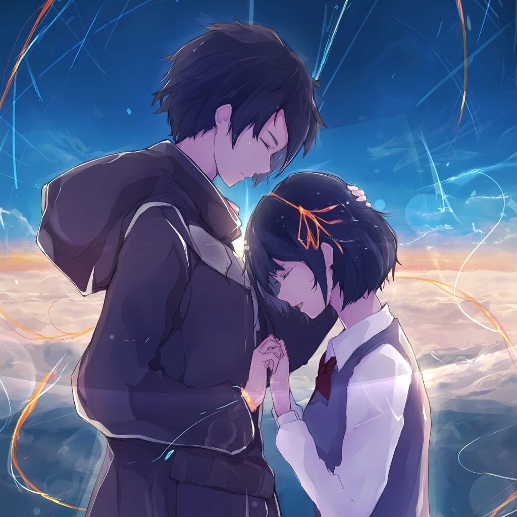 Anime-style cartoon couple sharing an emotional and romantic moment above the clouds, with the girl leaning into the boy’s chest, expressing deep love and connection.