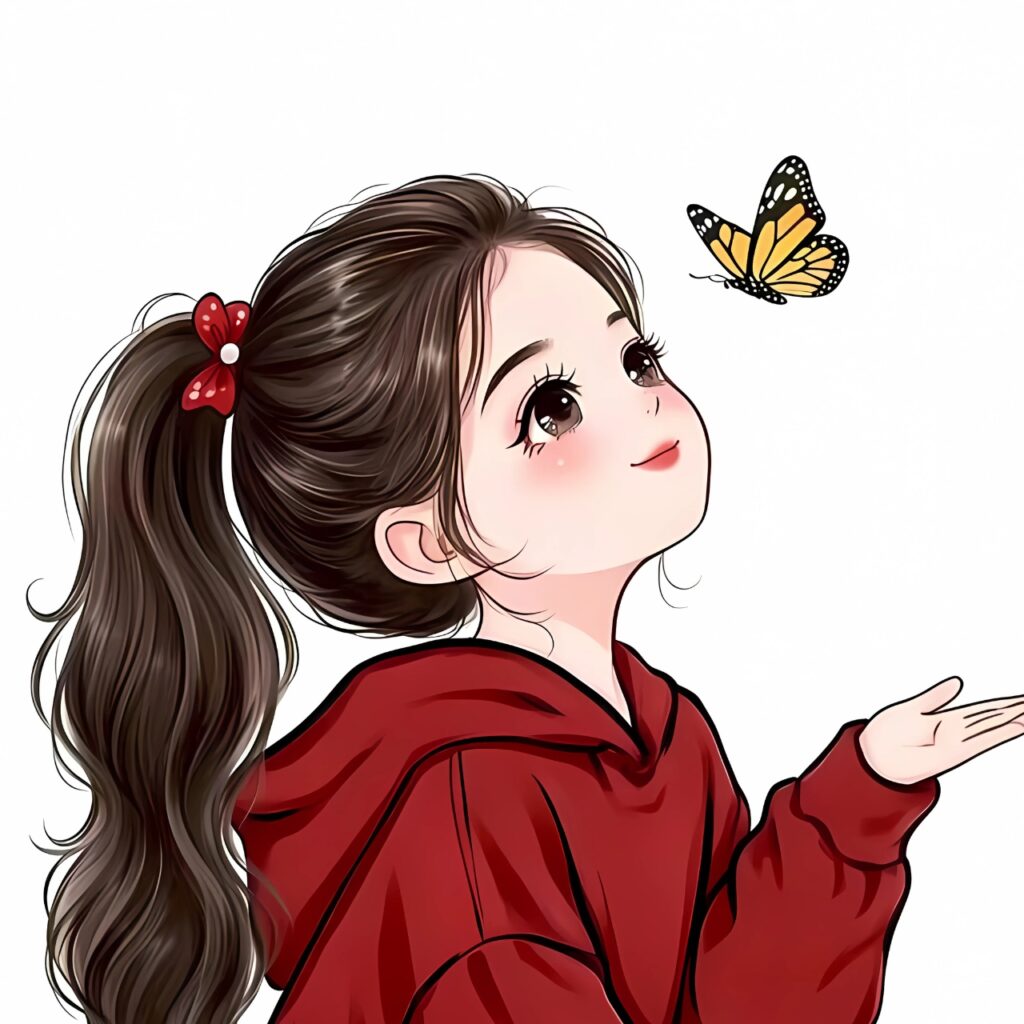 Cute cartoon girl with long brown ponytail in red hoodie looking at a butterfly – perfect for WhatsApp DP or profile image