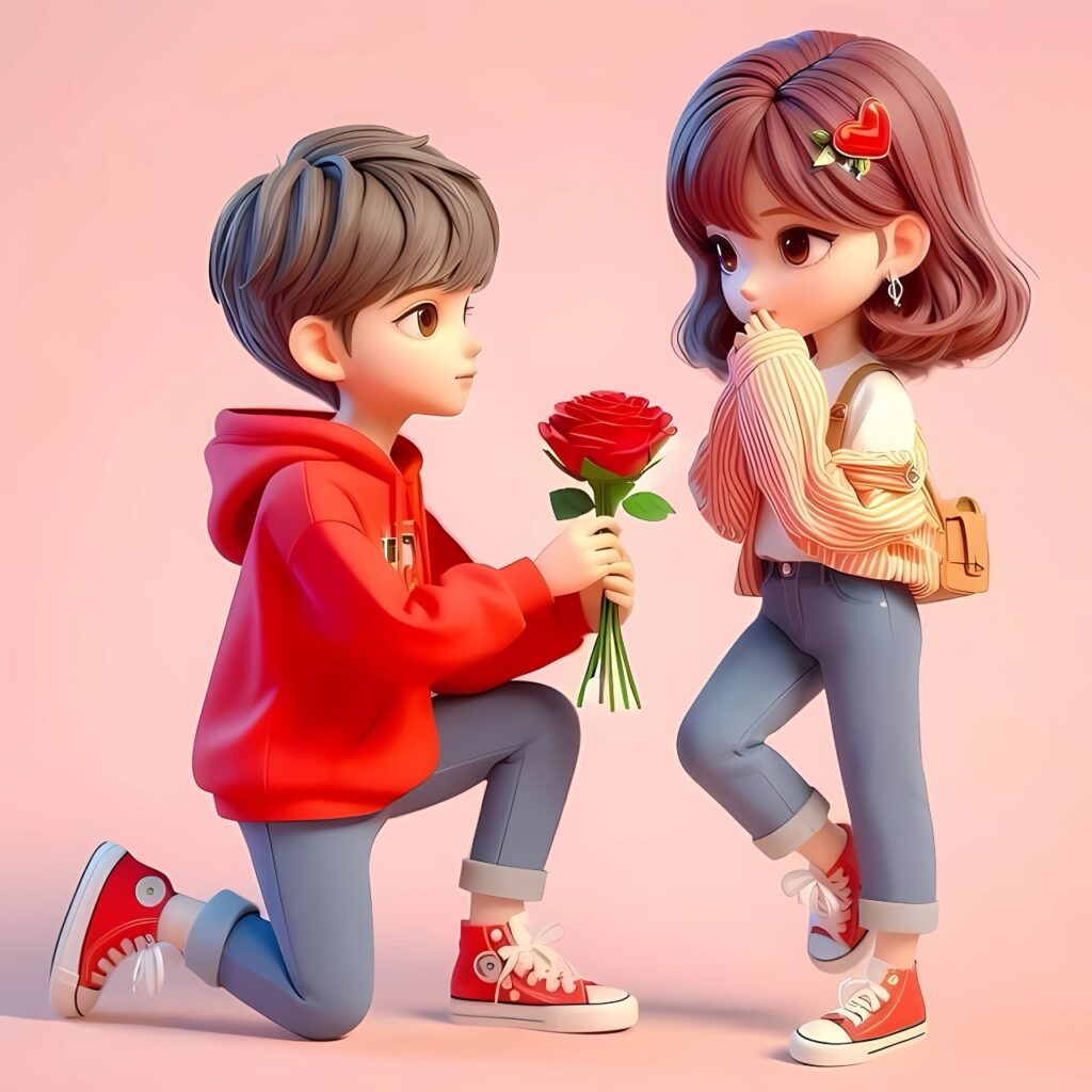 Adorable cartoon boy proposing to a shy girl with a red rose, both dressed in casual outfits with red shoes and a soft pink background – perfect cute love image for WhatsApp DP