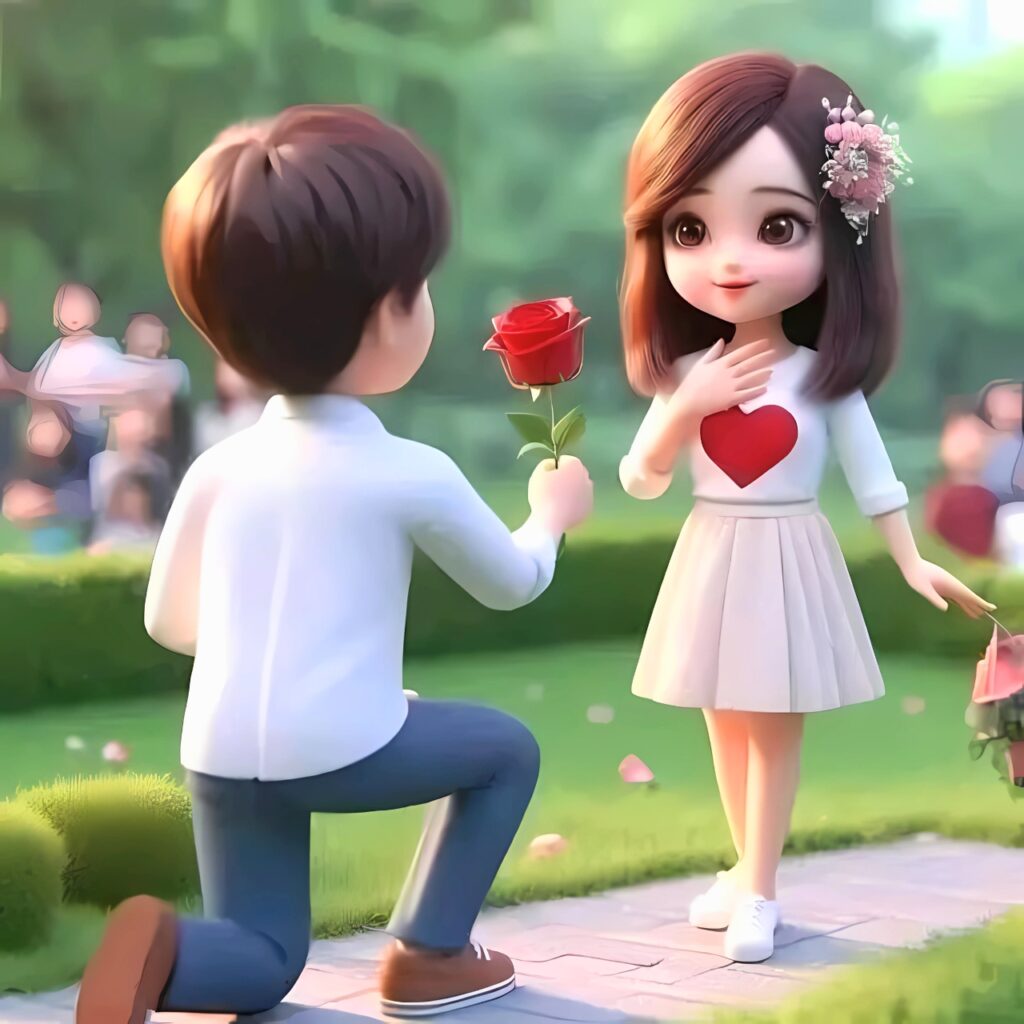 Cartoon boy proposing to a girl with a red rose in a garden, girl wearing a white dress with a heart design, romantic animated WhatsApp DP