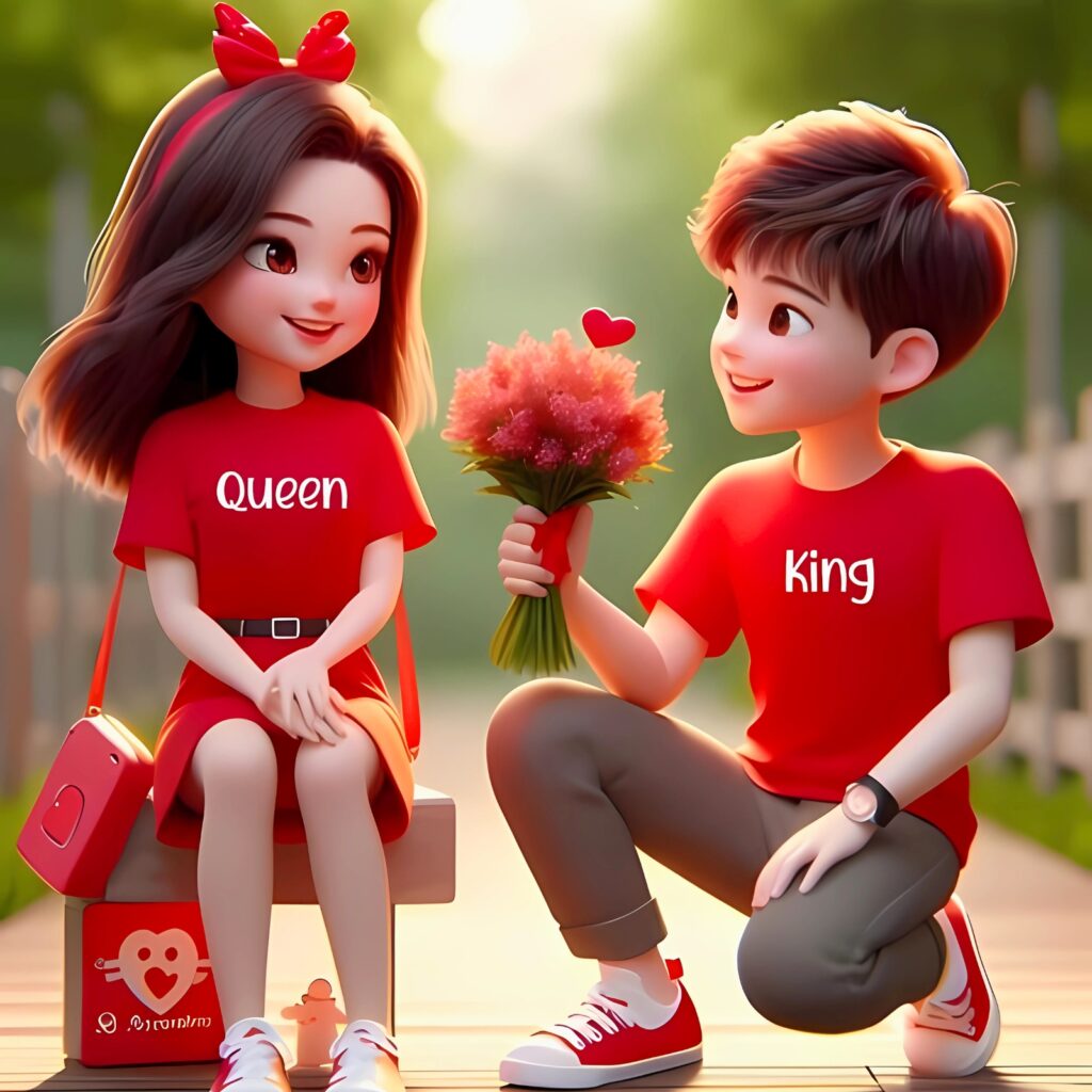 Cartoon couple in red outfits labeled "King" and "Queen" sharing a romantic moment on a bench, with the boy offering flowers and a heart symbol floating between them, perfect for a love-themed WhatsApp DP.