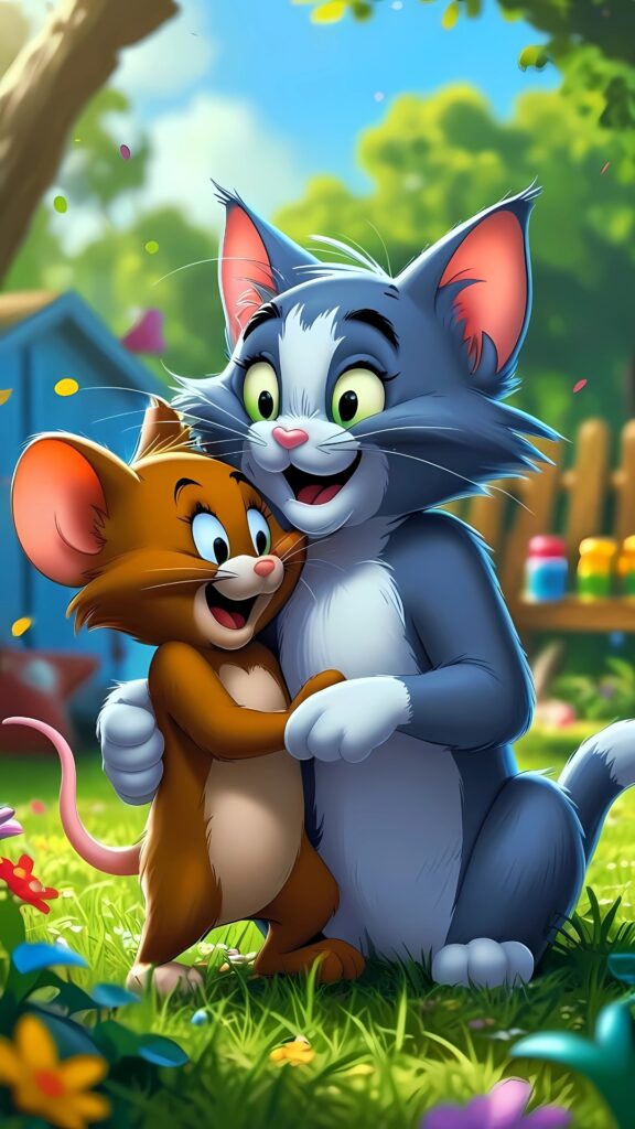 Cute Tom and Jerry hugging happily in a colorful garden with flowers and trees in the background