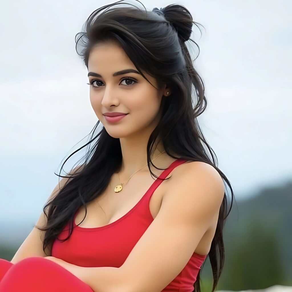Cute woman in red outfit sitting outdoors with confident smile and natural background