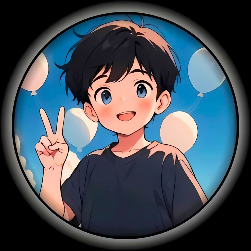Smiling cartoon boy making a peace sign with balloons in the sky – stylish WhatsApp DP.