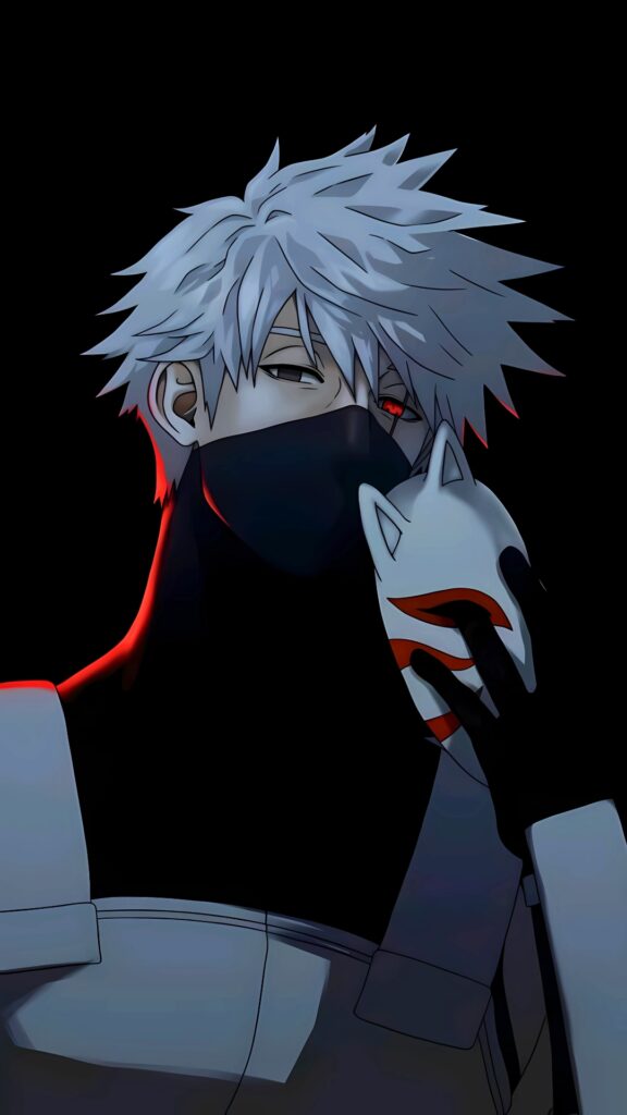 4K dark-themed wallpaper of Kakashi Hatake in Anbu uniform, holding a fox mask with Sharingan eye visible, from the Naruto anime series.