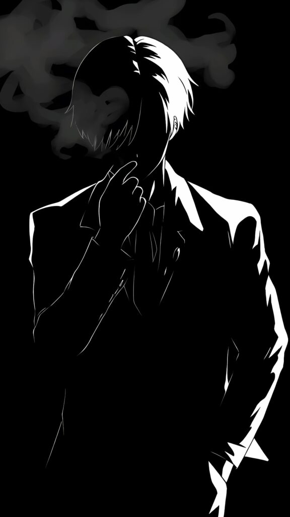 Stylish anime character silhouette in black and white with smoke and dramatic lighting – dark 4K phone wallpaper