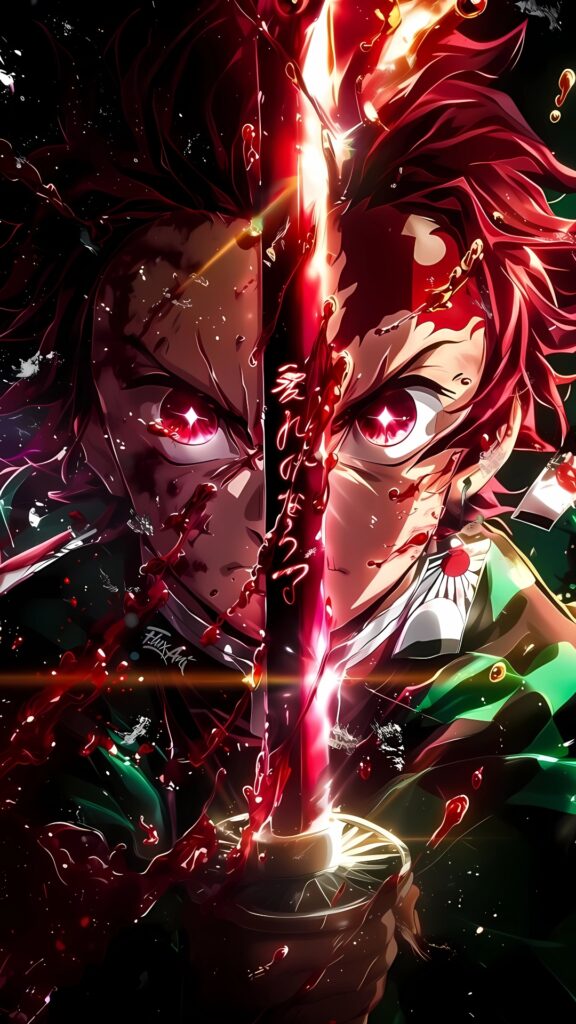 Intense close-up of Tanjiro Kamado with a glowing katana split scene, 4K Demon Slayer anime wallpaper for Android phones
