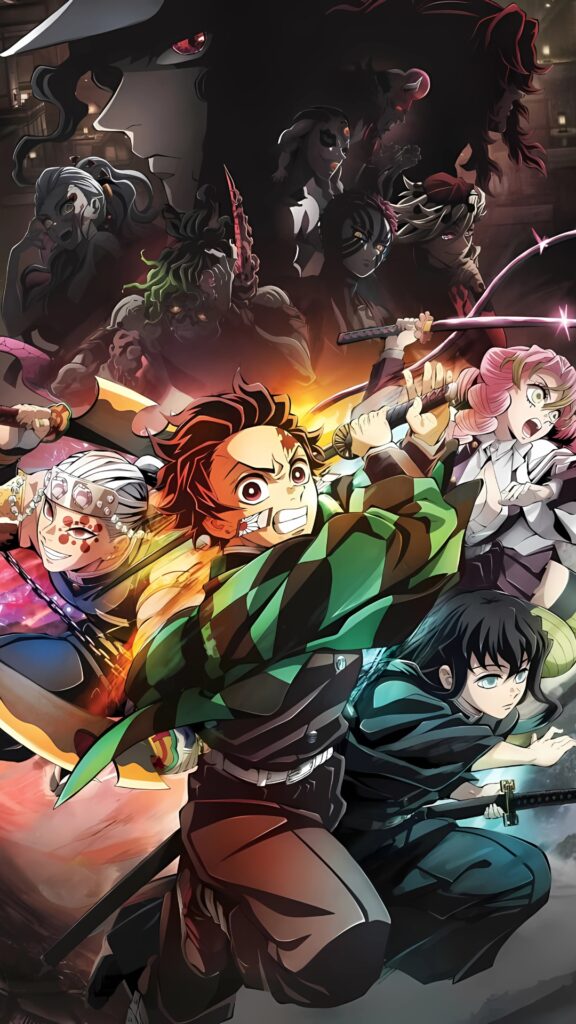 Demon Slayer characters including Tanjiro, Hashira, and Upper Moon demons in an action-packed 4K wallpaper for PC