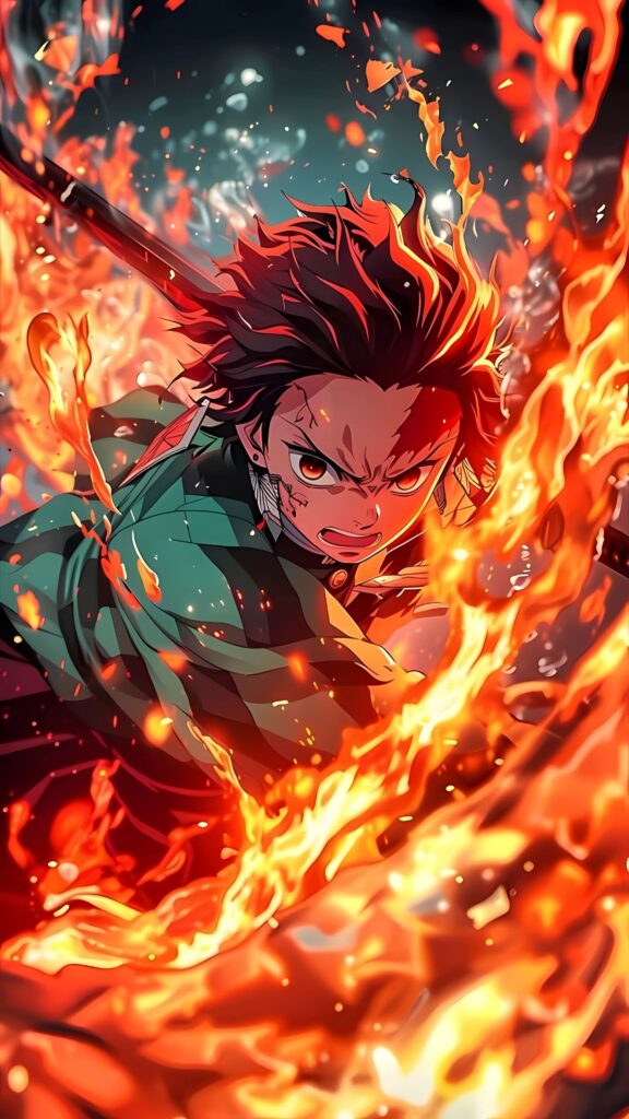 4K Demon Slayer phone wallpaper featuring Kamado Tanjiro engulfed in dynamic flames with intense battle expression