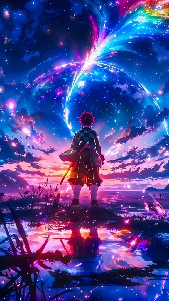 Demon Slayer Tanjiro gazing at a cosmic sky with vibrant colors, stunning 4K anime wallpaper for iPhone
