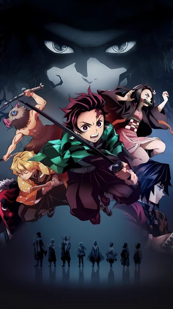 Demon Slayer 4K wallpaper featuring Tanjiro Kamado and main characters Nezuko, Zenitsu, Inosuke, Giyu, and the Hashira with a dark, dramatic background