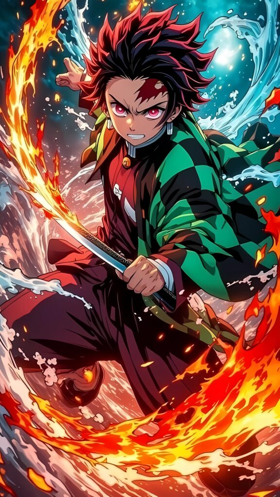 Demon Slayer 4K wallpaper featuring Kamado Tanjiro wielding a fiery sword with water and flame effects in a dynamic anime scene.