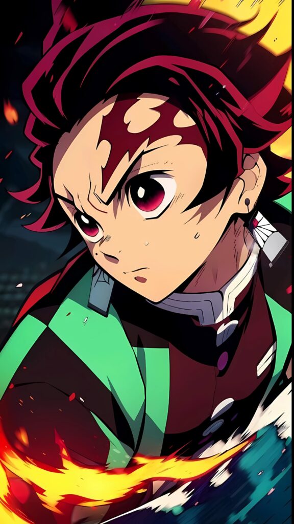 Tanjiro Kamado from Demon Slayer in battle stance with fire effects, high-resolution 4K anime wallpaper