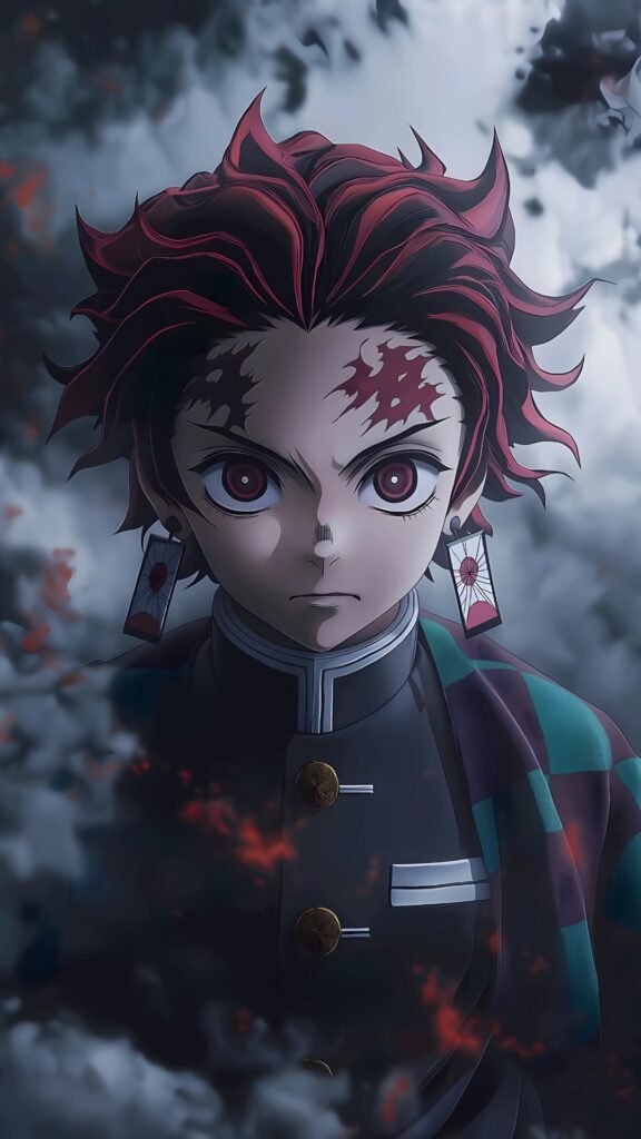Fierce Tanjiro Kamado with Demon Slayer Mark, standing in mist, 4K anime wallpaper
