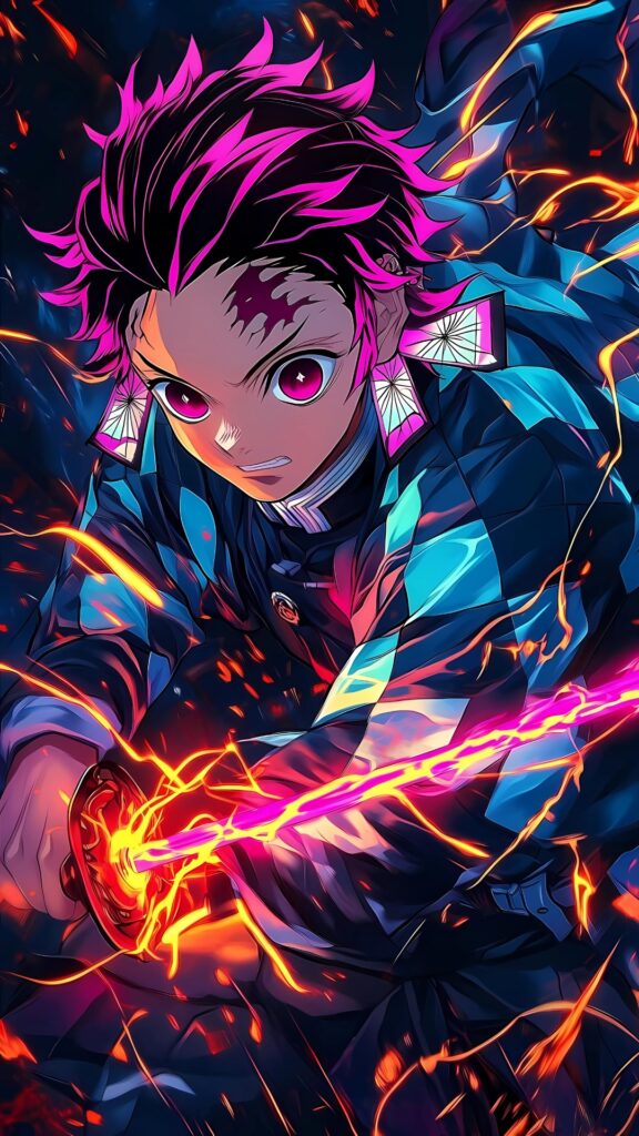 Tanjiro Kamado wielding a glowing sword, fiery aura, Demon Slayer 8K anime wallpaper
