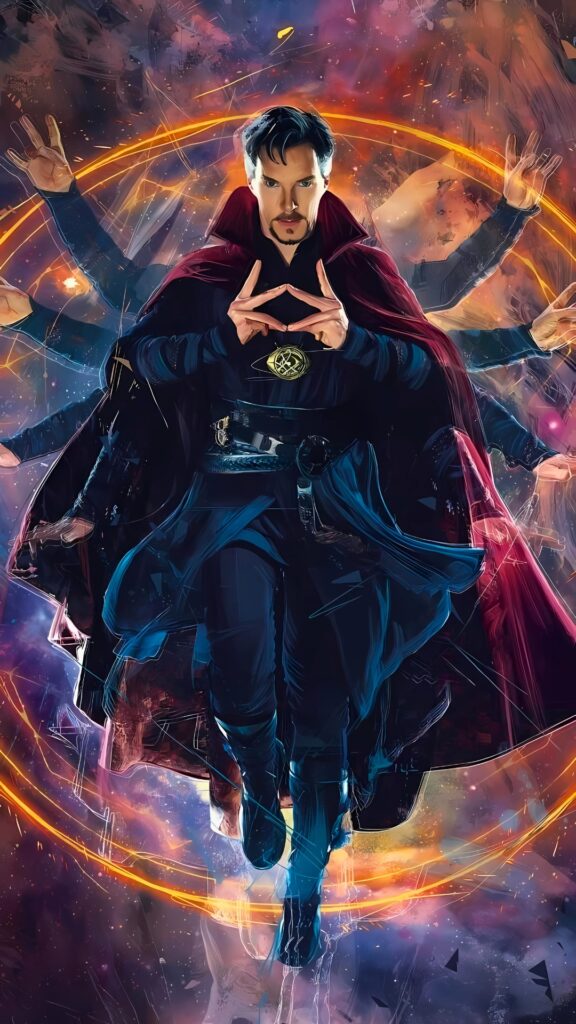 Doctor Strange mystical cosmic artwork with magical hand gestures and glowing portal rings in a vibrant, multiverse-inspired background