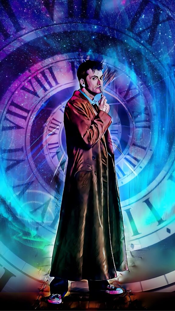 Doctor Who wallpaper featuring the 10th Doctor in a cosmic time vortex with glowing clock faces and galaxy background