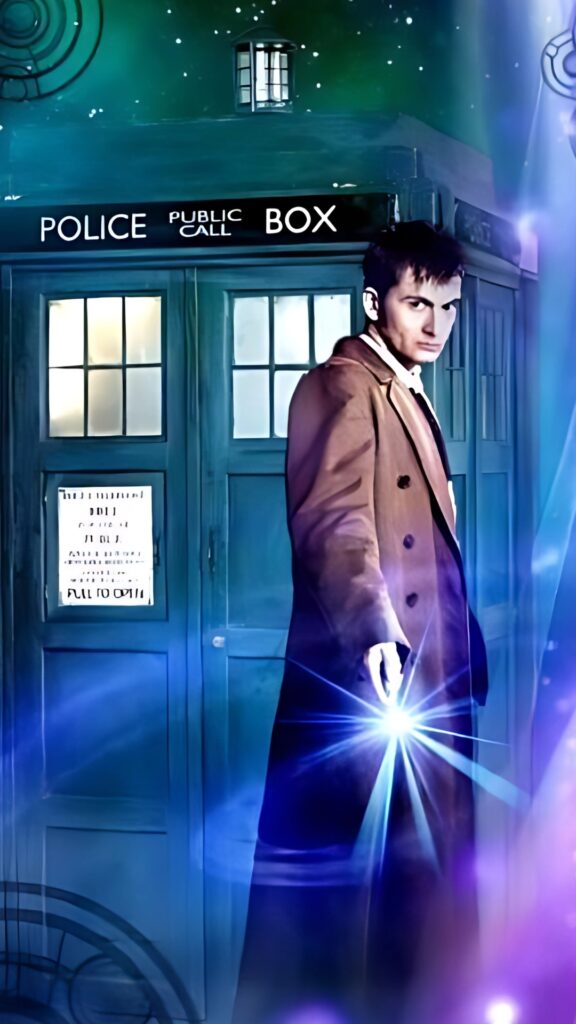Doctor Who wallpaper 1366x768 featuring the Tenth Doctor with TARDIS and glowing sonic screwdriver.