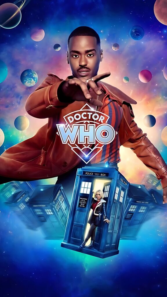 Doctor Who wallpaper with the latest Doctor, swirling galaxies, TARDIS, and planets in vibrant cosmic background – BBC sci-fi poster