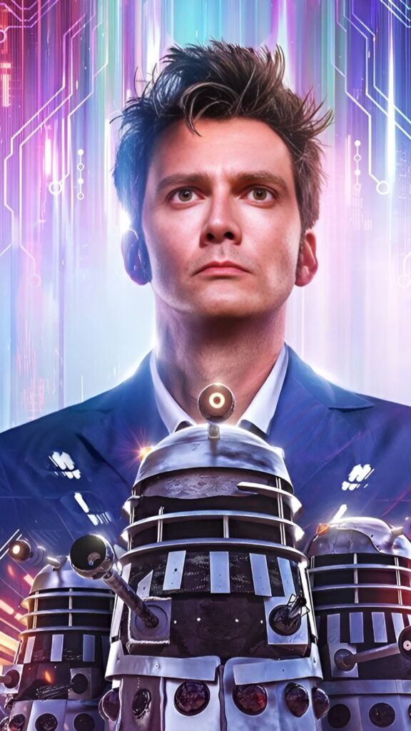 David Tennant as the 10th Doctor with Daleks in a futuristic neon sci-fi background – Doctor Who BBC wallpaper