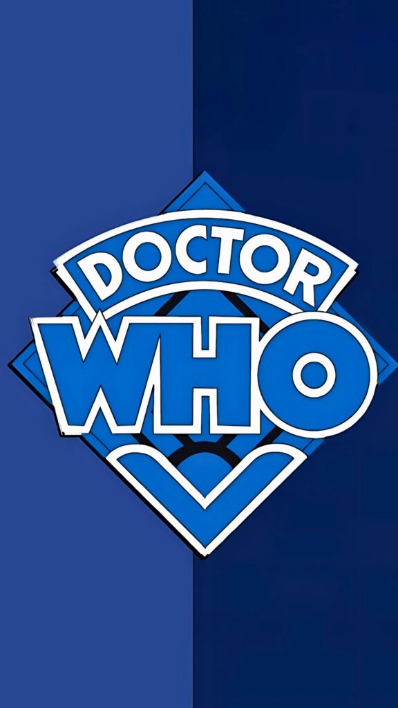 Minimalist Doctor Who classic blue logo wallpaper on a split-tone dark and light blue background
