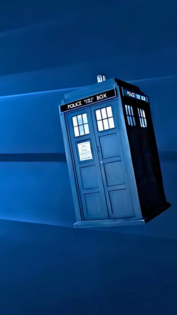 Doctor Who TARDIS floating in a Windows-style blue digital space, 4K sci-fi wallpaper.
