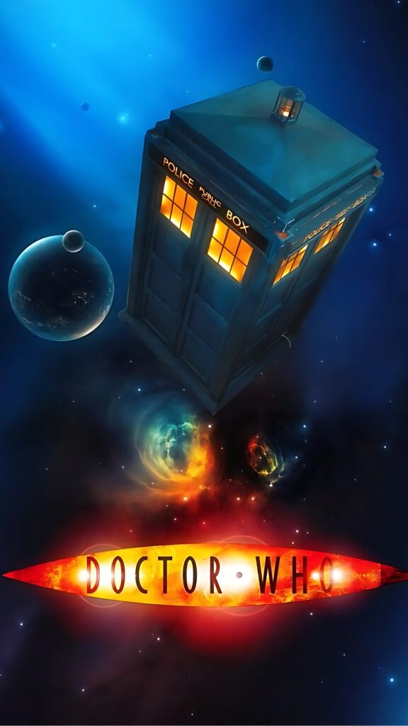 Doctor Who TARDIS wallpaper in deep space with glowing planets and fiery Doctor Who logo – 1920x1080 HD