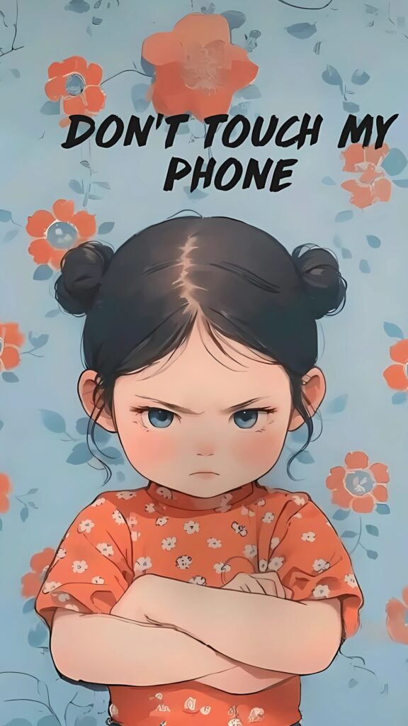 Cute angry cartoon girl with arms crossed and “Don’t Touch My Phone” text, floral background lock screen wallpaper.