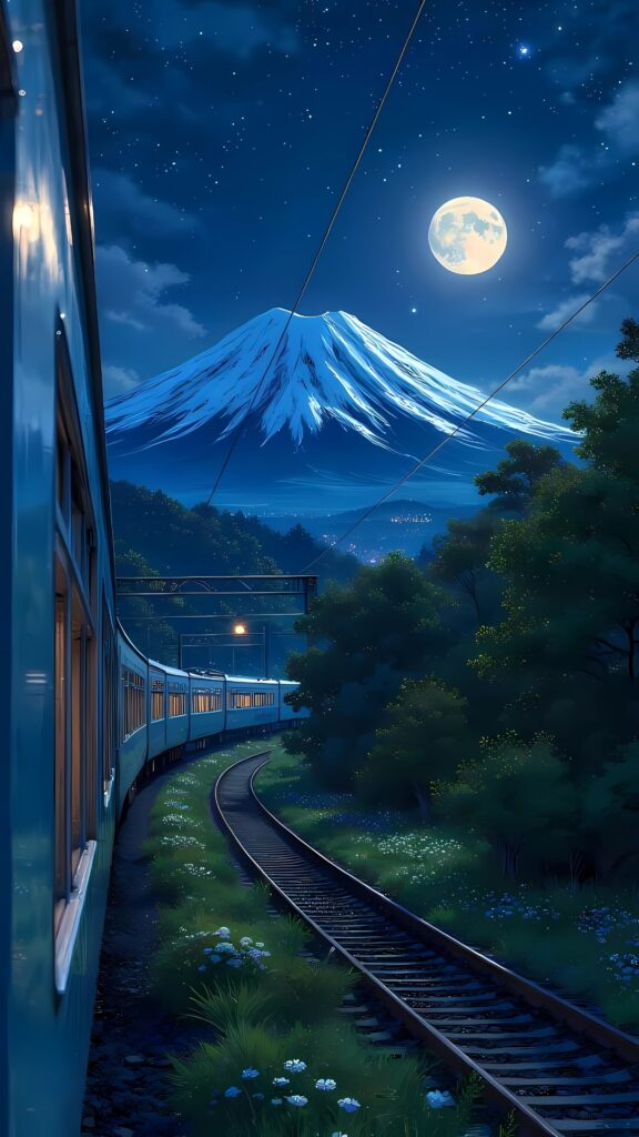 Beautiful 64k ultra HD mobile wallpaper featuring a night train passing through forest with Mount Fuji and full moon in the background