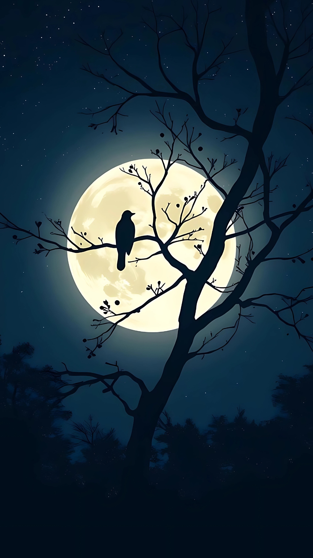 Stunning 64k wallpaper for mobile showing a dark bird silhouette on a tree branch in front of a glowing full moon, perfect for AMOLED screens.