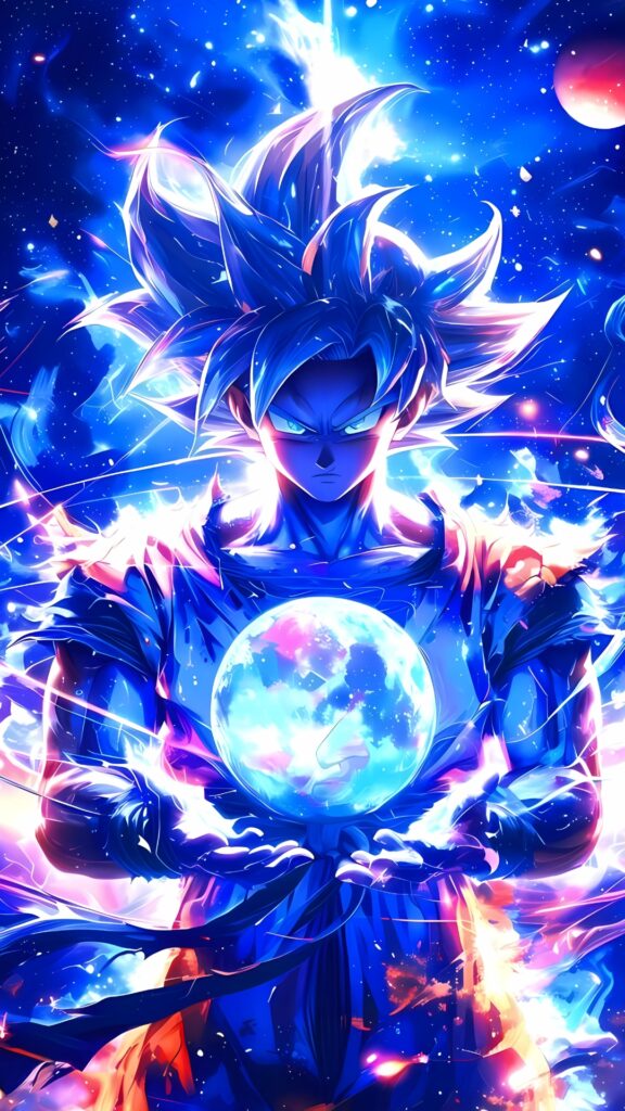 Goku glowing with cosmic energy holding a radiant sphere – vibrant 4K anime wallpaper