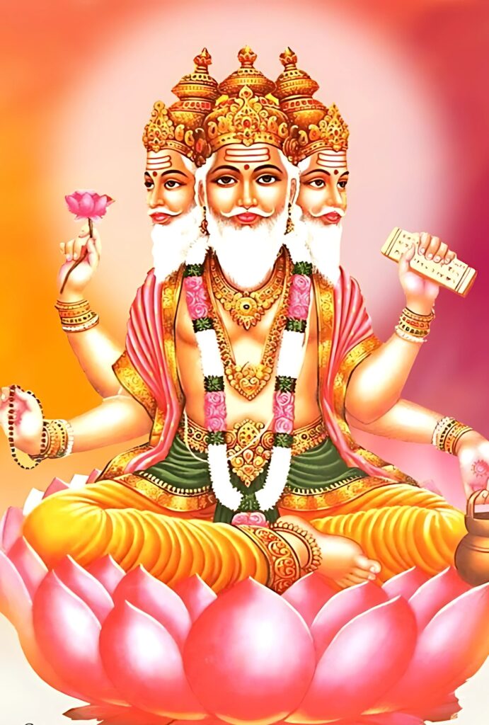 Lord Brahma HD Wallpaper – Divine Hindu God with Four Faces Sitting on a Lotus in a Spiritual Background