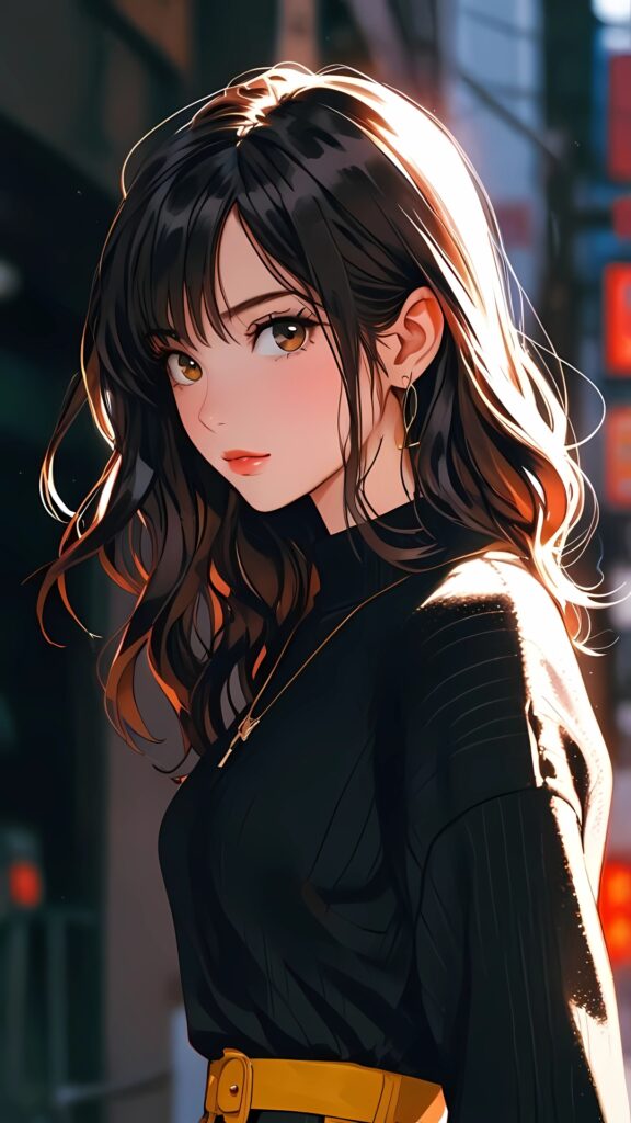 Beautiful anime girl with long brown hair, gold eyes, wearing a black dress and gold accessories, urban background – 4K phone wallpaper