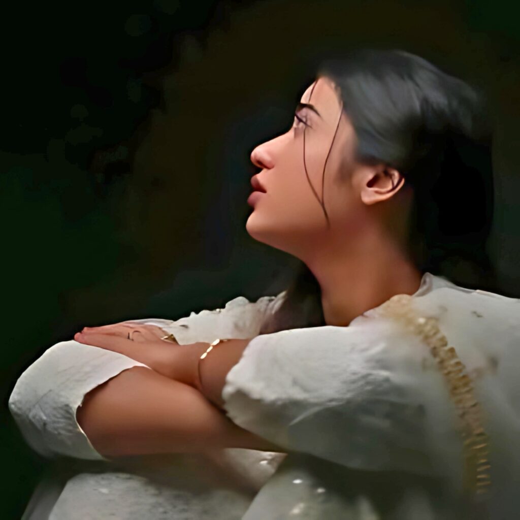 Sad girl in white dress looking up in darkness – deep emotional mood off DP for girls