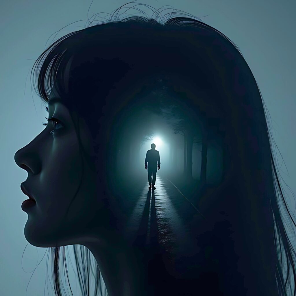 Moody girl silhouette with a lone figure walking in a foggy path, symbolic of emotional distance and solitude – perfect mood off DP for girls