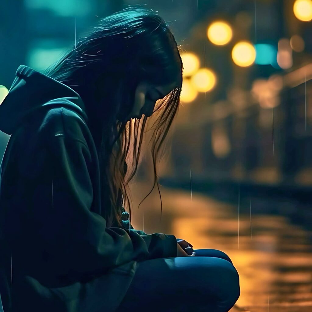 Lonely girl in hoodie sitting in the rain at night, lost in thoughts under city lights – emotional mood off DP for girls