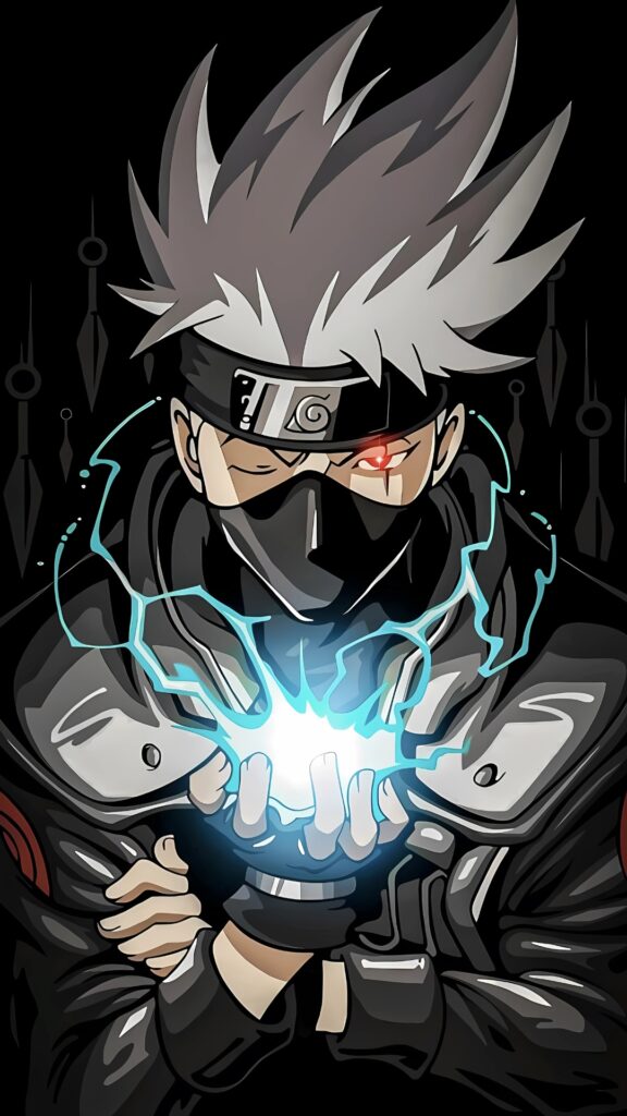 Stylized anime artwork of Kakashi Hatake generating Chidori with glowing blue lightning, Sharingan eye activated, and kunai background – epic cool Naruto wallpaper