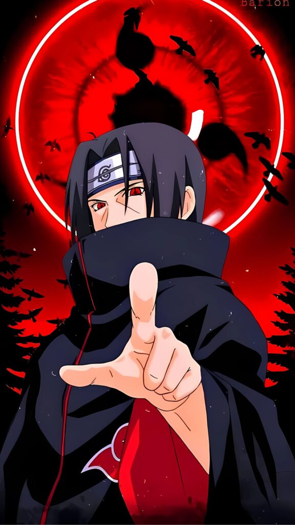 Itachi Uchiha using Sharingan with Mangekyō eye, Akatsuki cloak, and crows flying in red background