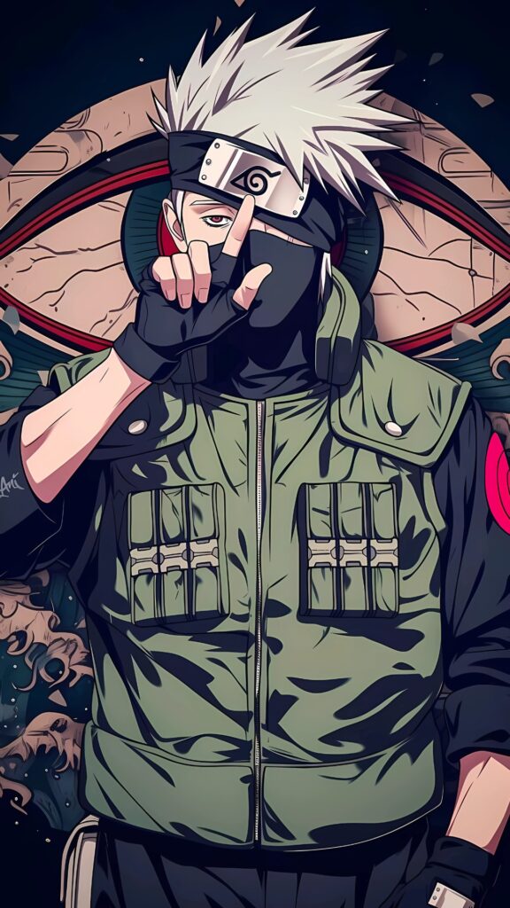 Epic HD anime illustration of Kakashi Hatake forming a hand sign in front of a stylized Sharingan background, wearing his classic green flak jacket and headband.