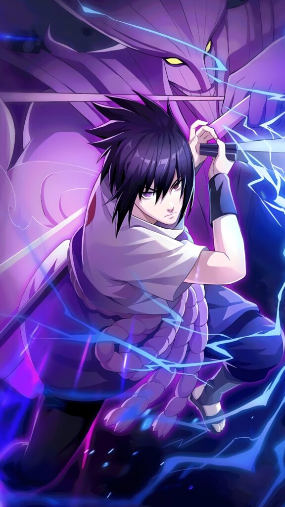Sasuke Uchiha wielding Chidori with Susanoo in the background, purple and blue lightning anime wallpaper in high resolution.