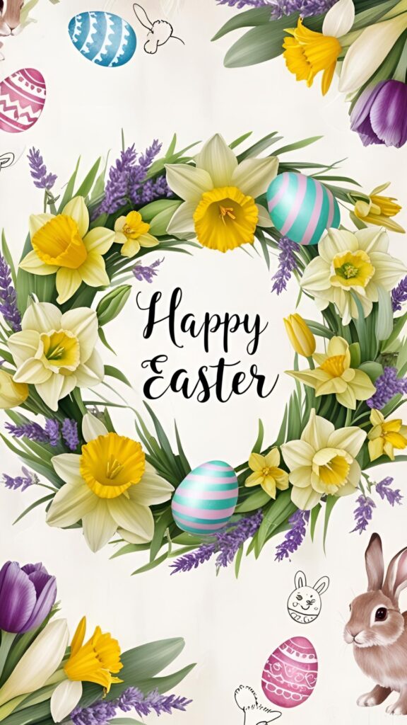 A beautifully designed Easter wreath made of vibrant yellow daffodils, purple lavender, and green leaves, adorned with pastel Easter eggs. The center features elegant "Happy Easter" lettering, surrounded by hand-drawn bunny doodles and a realistic bunny peeking from the corner