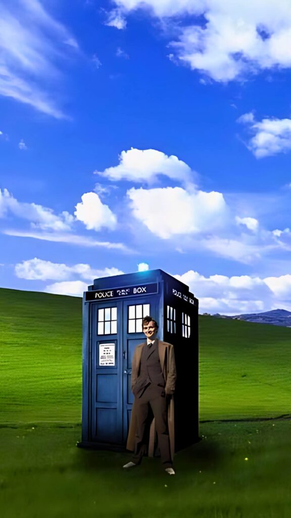 Doctor Who TARDIS and Tenth Doctor on Windows XP Bliss hill – funny HD crossover wallpaper