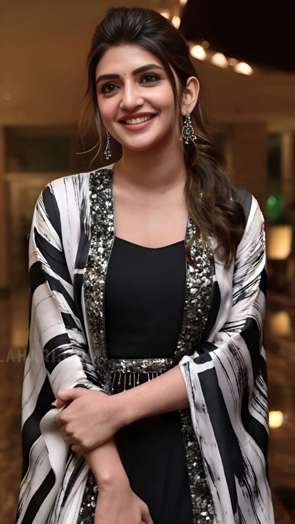 Indian woman in black and white fusion outfit with sequins and earrings – evening fashion portrait.