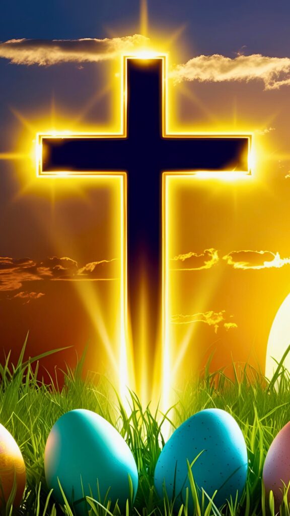 Ek divine wallpaper jisme ek chamakdar glowing cross hai, jo golden light se prakashit ho raha hai, sunrise background ke saath, aur hare ghaas me rakhe Easter eggs ummid aur punarjanm ka pratik hain.