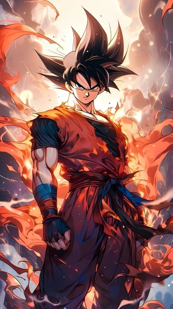 Goku standing in flames with fierce expression in high-resolution anime 4K wallpaper